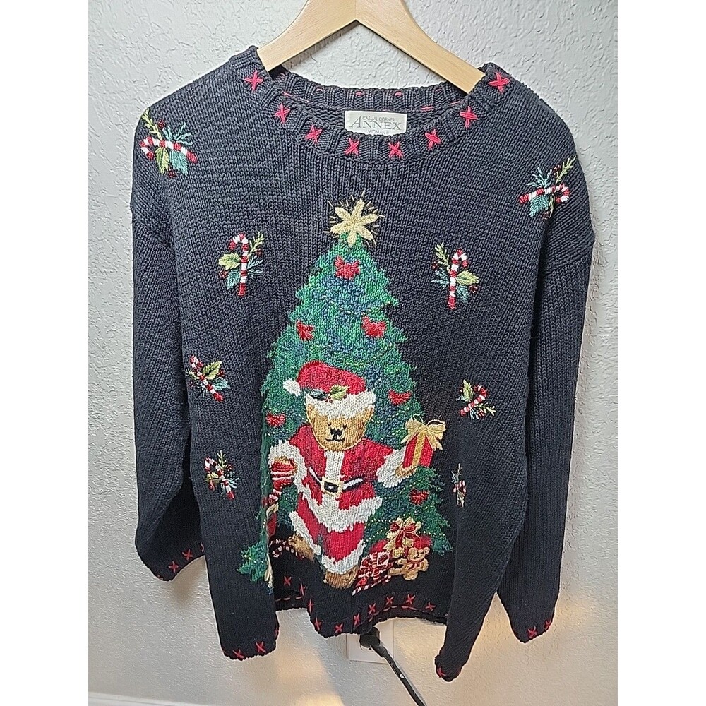 Vintage Annex Christmas Sweater Women’s L Black Santa Bear Tree Embroidered Knit
